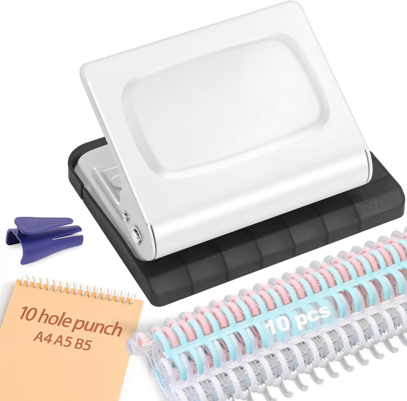 Hoqqf 10 Hole Punch Binding Machine for Planners with 10 Multi-Color Binder Rings, 30 Holes on A4, 20 Holes on A5, 26 Holes on B5, 10 Sheet Capacity (White) - Image 1
